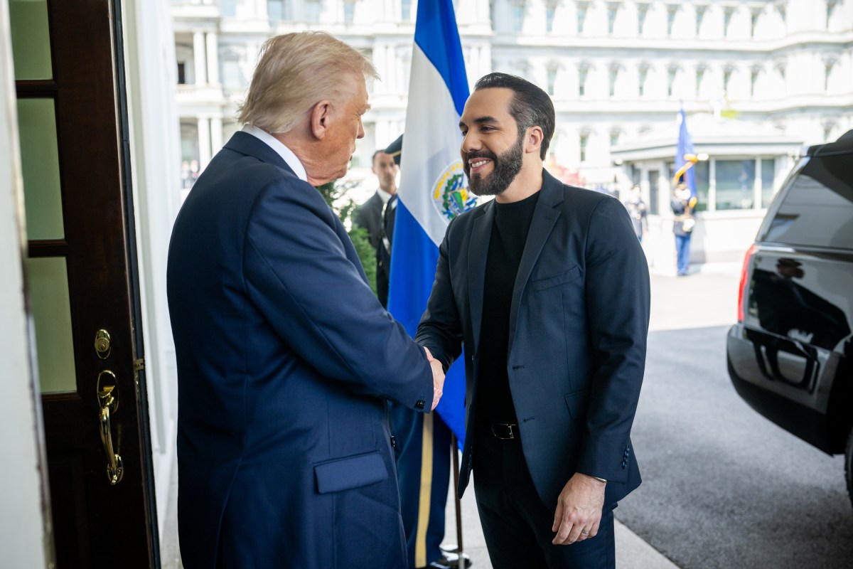 President Donald Trump greets President Nayib Bukele of El Salvador, Monday, April 14, 2025, in the West Wing Lobby of the White House. (Official White House Photo by Daniel Torok)