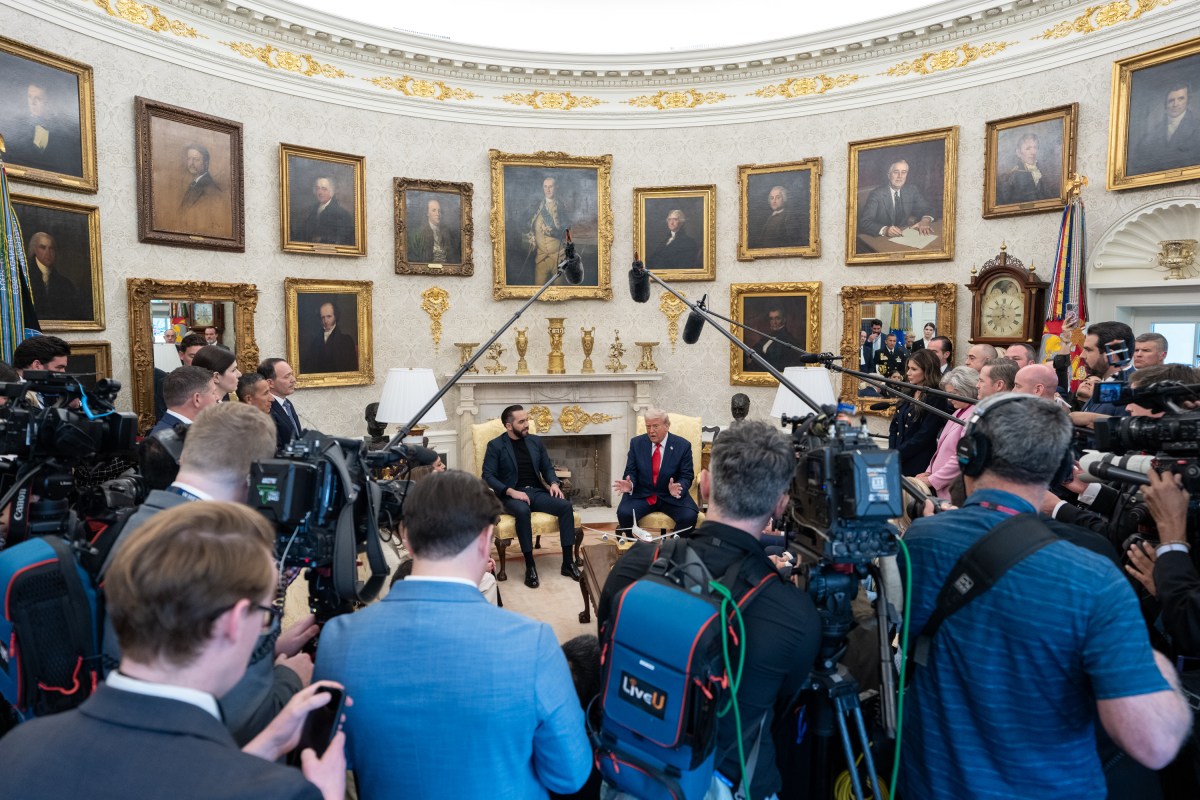 President Donald Trump hosts a bilateral meeting with President Nayib Bukele of El Salvador, Monday, April 14, 2025, in the Oval Office. Vice President JD Vance attends. (Official White House Photo by Emily J. Higgins)