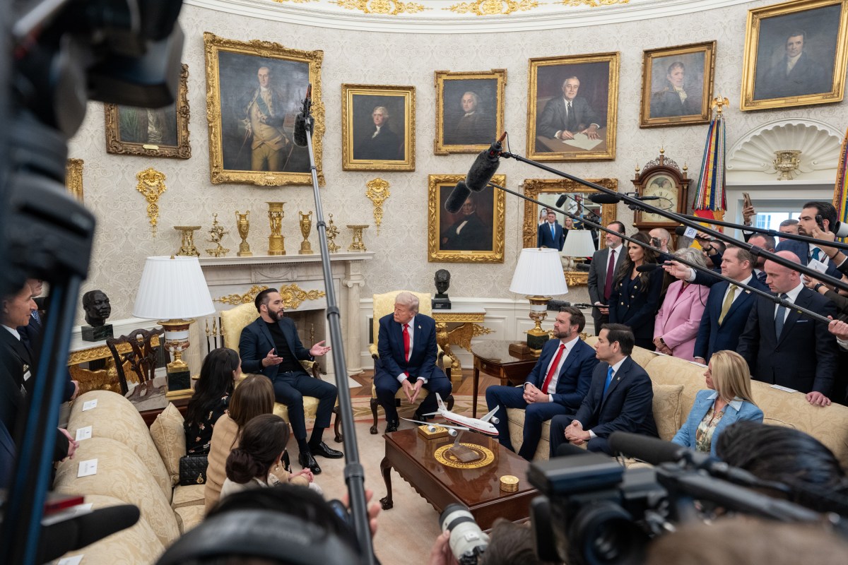 President Donald Trump hosts a bilateral meeting with President Nayib Bukele of El Salvador, Monday, April 14, 2025, in the Oval Office. Vice President JD Vance attends. (Official White House Photo by Emily J. Higgins)