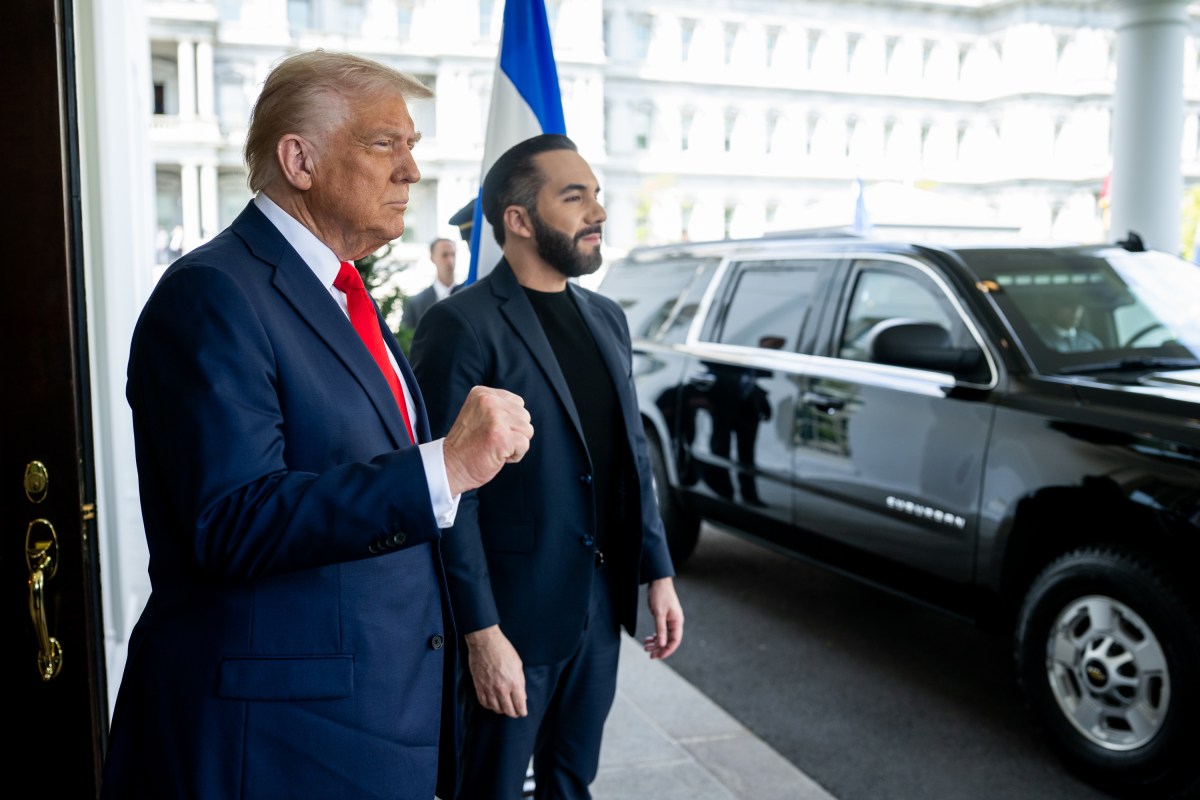 President Donald Trump greets President Nayib Bukele of El Salvador, Monday, April 14, 2025, in the West Wing Lobby of the White House. (Official White House Photo by Daniel Torok)