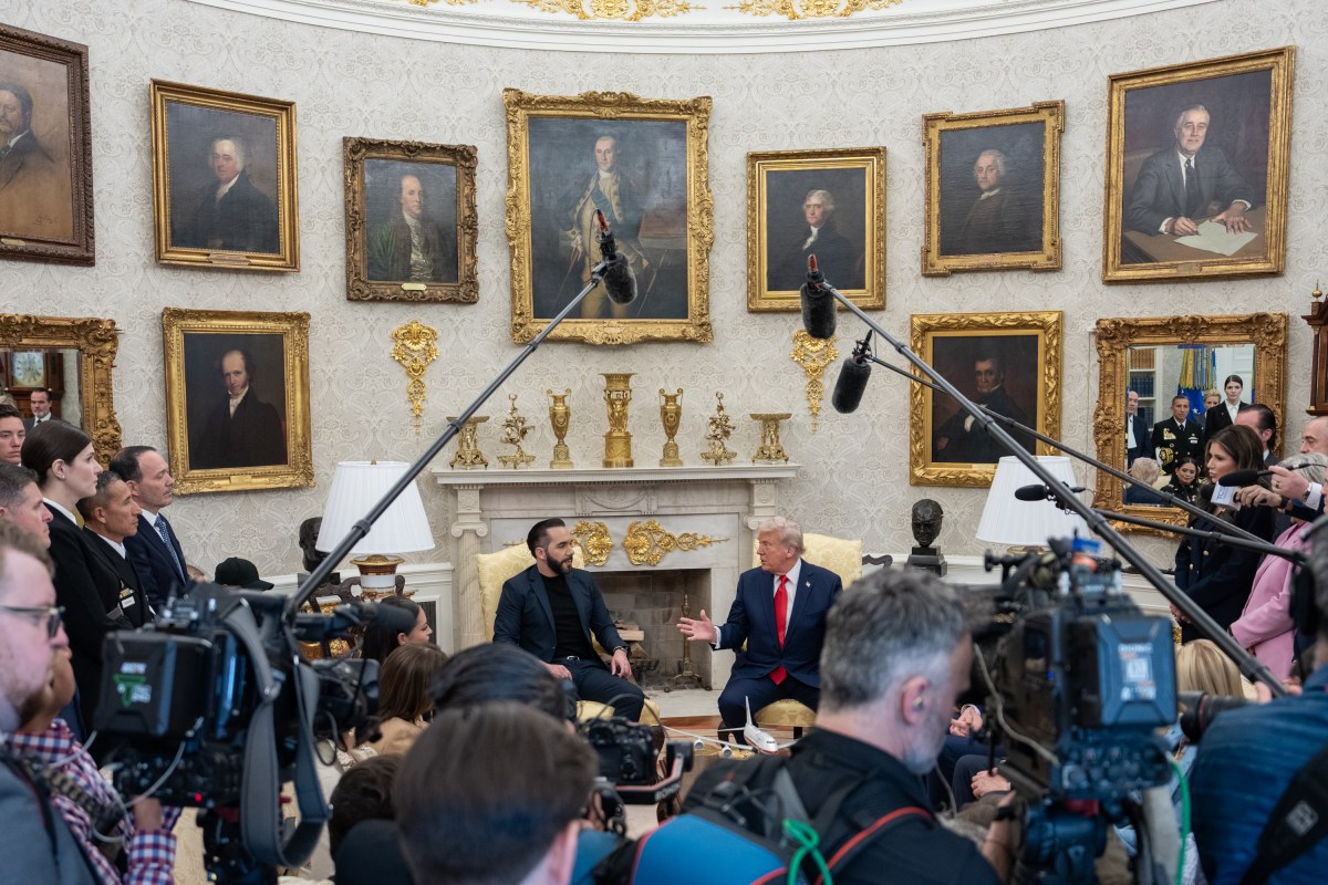 President Donald Trump hosts a bilateral meeting with President Nayib Bukele of El Salvador, Monday, April 14, 2025, in the Oval Office. Vice President JD Vance attends. (Official White House Photo by Emily J. Higgins)