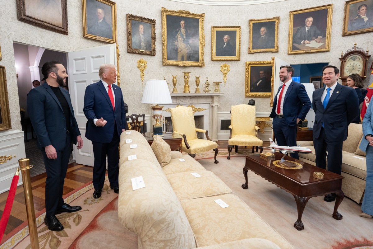 President Donald Trump and President Nayib Bukele of El Salvador enter the Oval Office prior to a bilateral meeting, Monday, April 14, 2025. (Official White House Photo by Emily J. Higgins)