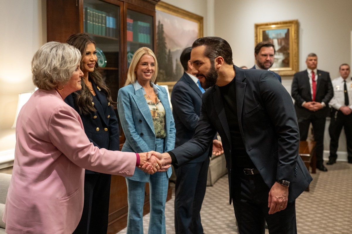 President Nayib Bukele of El Salvador greets members of the U.S. delegation in the West Wing Lobby of the White House, Monday, April 14, 2025, as he arrives for a bilateral meeting with President Donald Trump. (Official White House Photo by Joyce N. Boghosian)