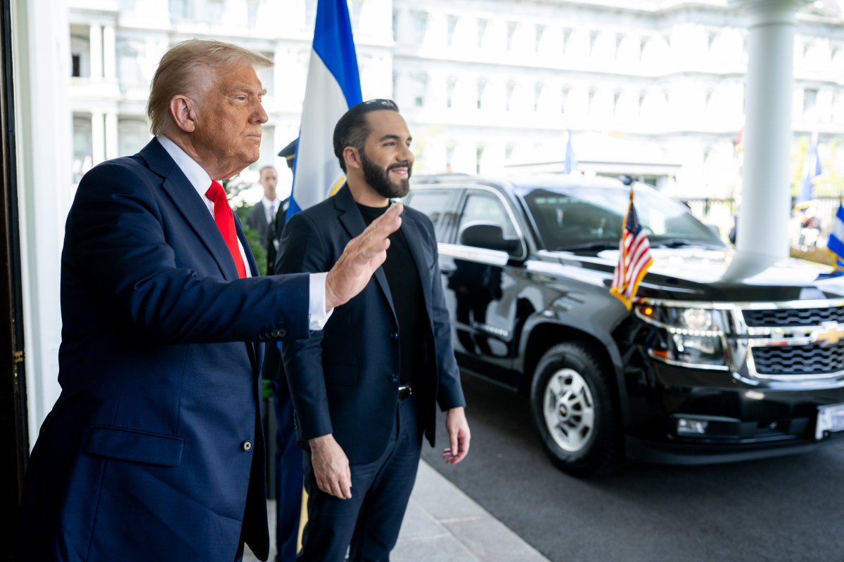 President Donald Trump greets President Nayib Bukele of El Salvador, Monday, April 14, 2025, in the West Wing Lobby of the White House. (Official White House Photo by Daniel Torok)
