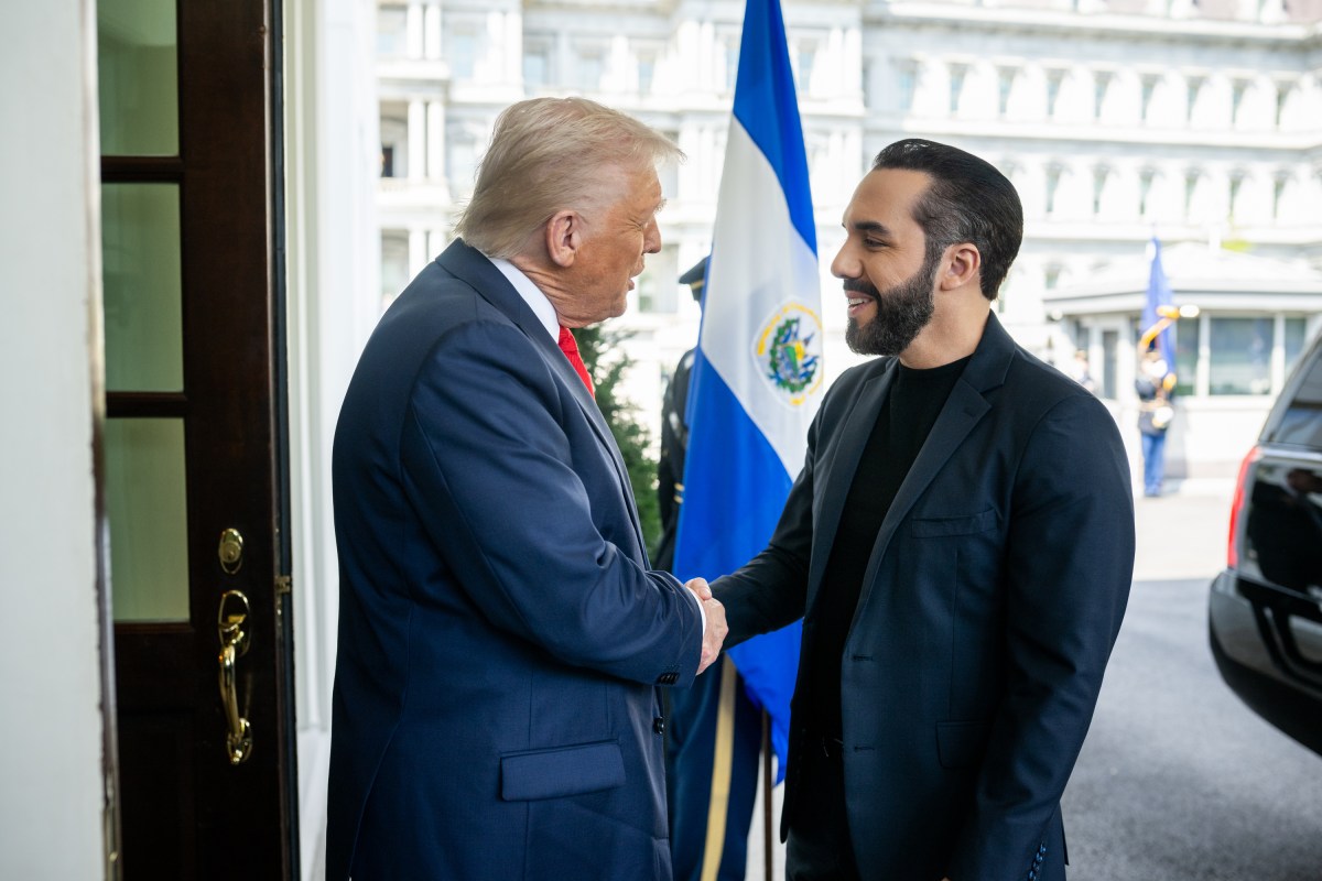 President Donald Trump greets President Nayib Bukele of El Salvador, Monday, April 14, 2025, in the West Wing Lobby of the White House. (Official White House Photo by Daniel Torok)