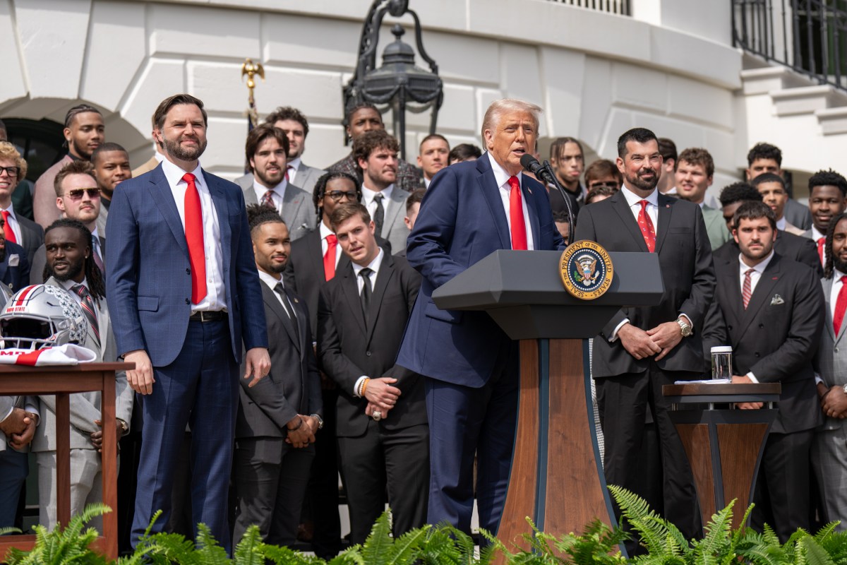 President Donald Trump delivers remarks at an event celebrating the 2025 College Football National Champion Ohio State University Buckeyes, Monday, April 14, 2025, at the South Portico of the White House. (Official White House Photo by Emily J. Higgins)