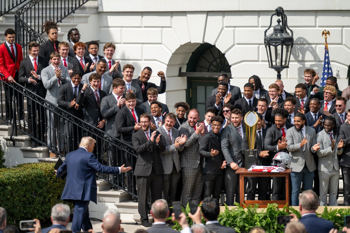 President Donald Trump delivers remarks at an event celebrating the 2025 College Football National Champion Ohio State University Buckeyes, Monday, April 14, 2025, at the South Portico of the White House. (Official White House Photo by Molly Riley)