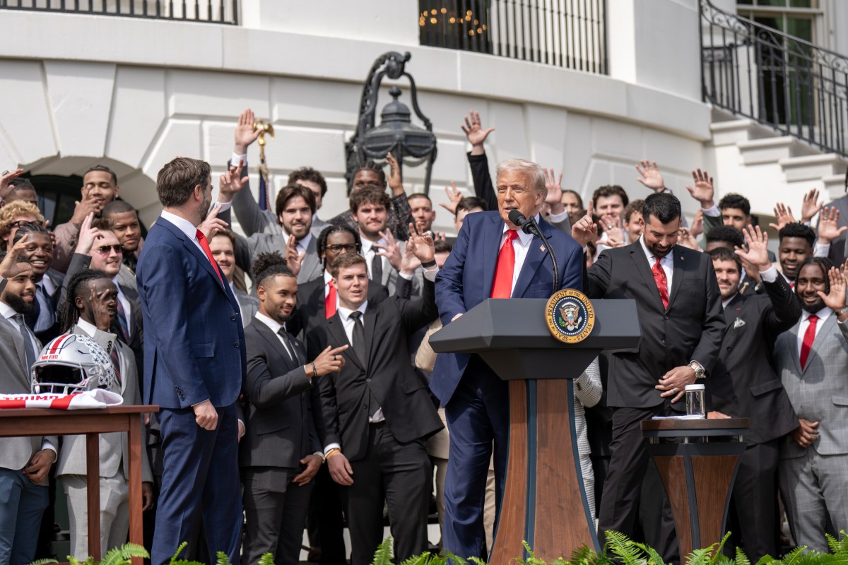 President Donald Trump delivers remarks at an event celebrating the 2025 College Football National Champion Ohio State University Buckeyes, Monday, April 14, 2025, at the South Portico of the White House. (Official White House Photo by Emily J. Higgins)