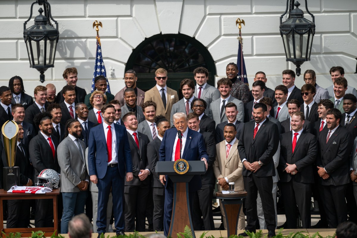 President Donald Trump delivers remarks at an event celebrating the 2025 College Football National Champion Ohio State University Buckeyes, Monday, April 14, 2025, at the South Portico of the White House. (Official White House Photo by Molly Riley)