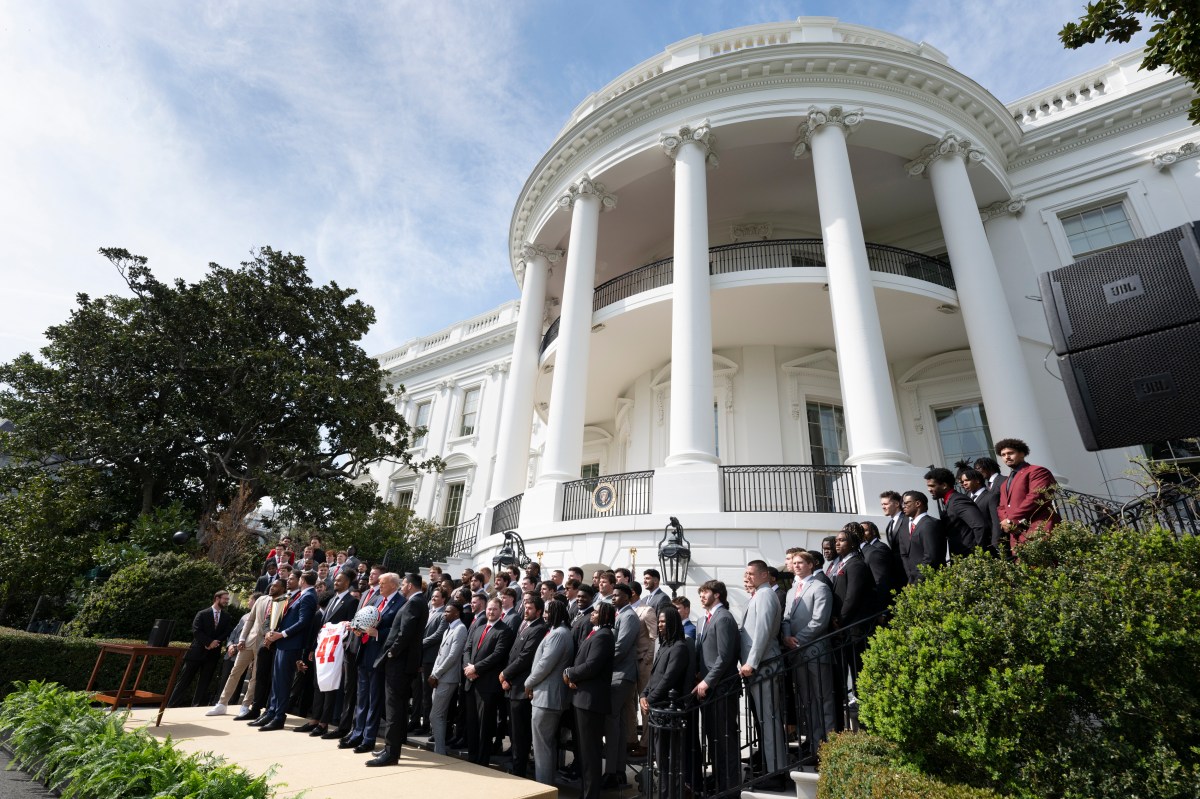 President Donald Trump delivers remarks at an event celebrating the 2025 College Football National Champion Ohio State University Buckeyes, Monday, April 14, 2025, at the South Portico of the White House.(Official White House Photo by Joyce N. Boghosian)
