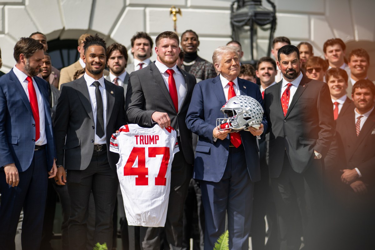 President Donald Trump delivers remarks at an event celebrating the 2025 College Football National Champion Ohio State University Buckeyes, Monday, April 14, 2025, at the South Portico of the White House. (Official White House Photo by Daniel Torok)