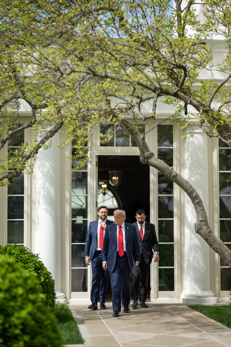 President Donald Trump, Vice President JD Vance and Ohio State University Buckeyes coach Ryan Day arrive to the South Portico, Monday, April 14, 2025, for an event celebrating the team’s 2025 College Football National Championship. (Official White House Photo by Daniel Torok)