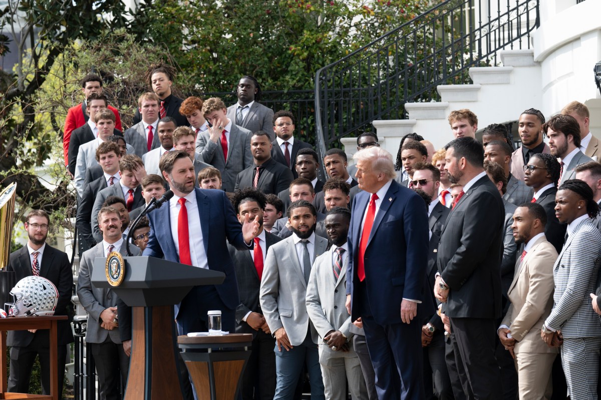 President Donald Trump delivers remarks at an event celebrating the 2025 College Football National Champion Ohio State University Buckeyes, Monday, April 14, 2025, at the South Portico of the White House.(Official White House Photo by Joyce N. Boghosian)