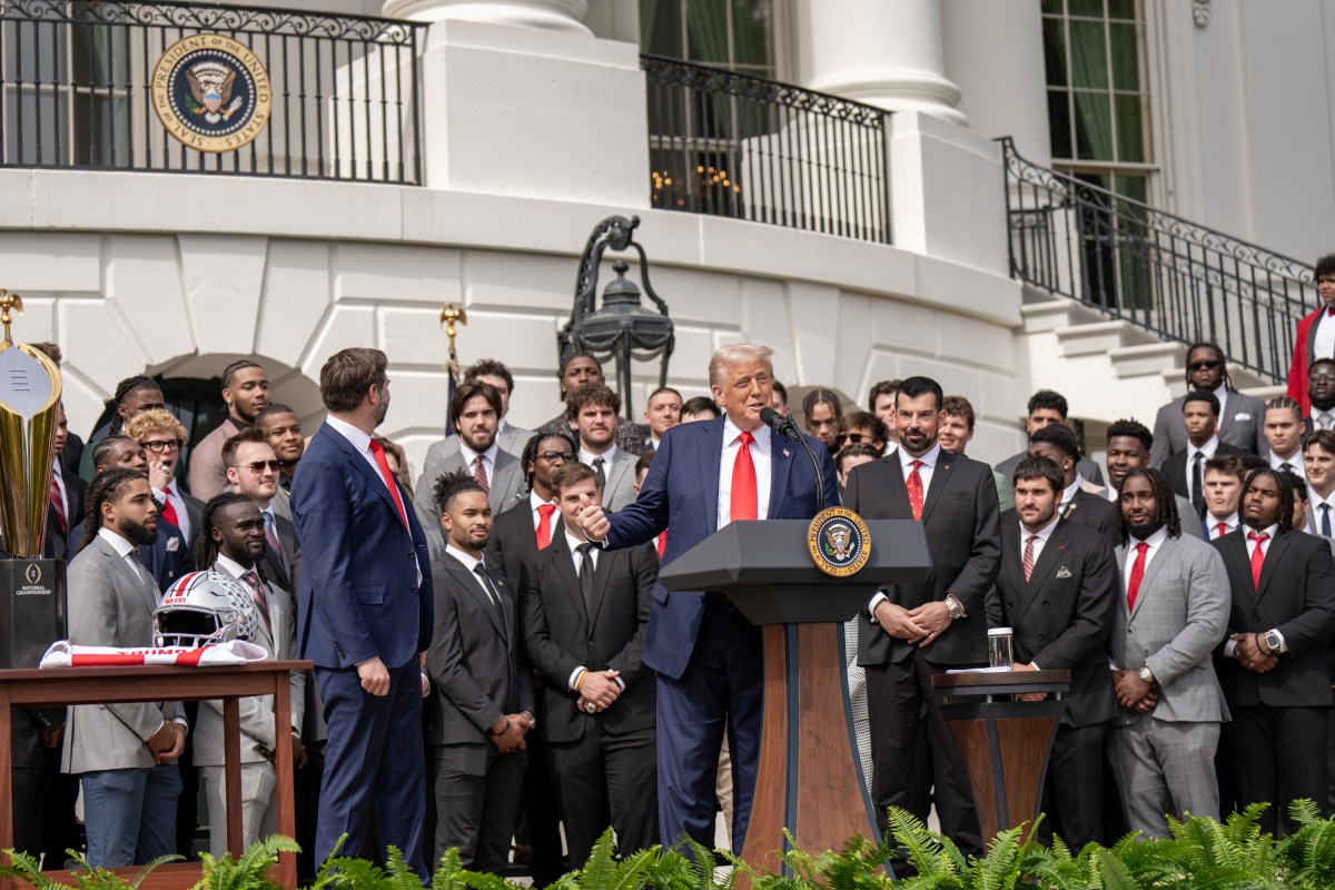 President Donald Trump delivers remarks at an event celebrating the 2025 College Football National Champion Ohio State University Buckeyes, Monday, April 14, 2025, at the South Portico of the White House. (Official White House Photo by Emily J. Higgins)