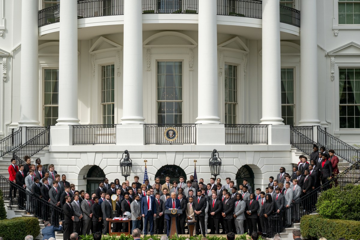 President Donald Trump delivers remarks at an event celebrating the 2025 College Football National Champion Ohio State University Buckeyes, Monday, April 14, 2025, at the South Portico of the White House. (Official White House Photo by Molly Riley)