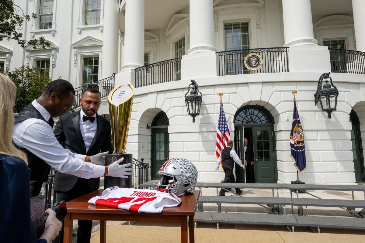 President Donald Trump delivers remarks at an event celebrating the 2025 College Football National Champion Ohio State University Buckeyes, Monday, April 14, 2025, at the South Portico of the White House. (Official White House Photo by Molly Riley)