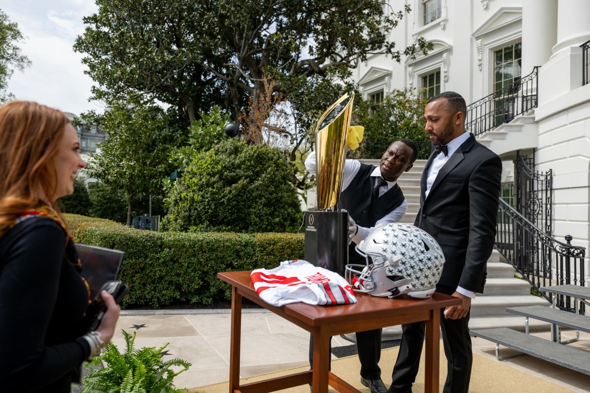 President Donald Trump delivers remarks at an event celebrating the 2025 College Football National Champion Ohio State University Buckeyes, Monday, April 14, 2025, at the South Portico of the White House. (Official White House Photo by Molly Riley)