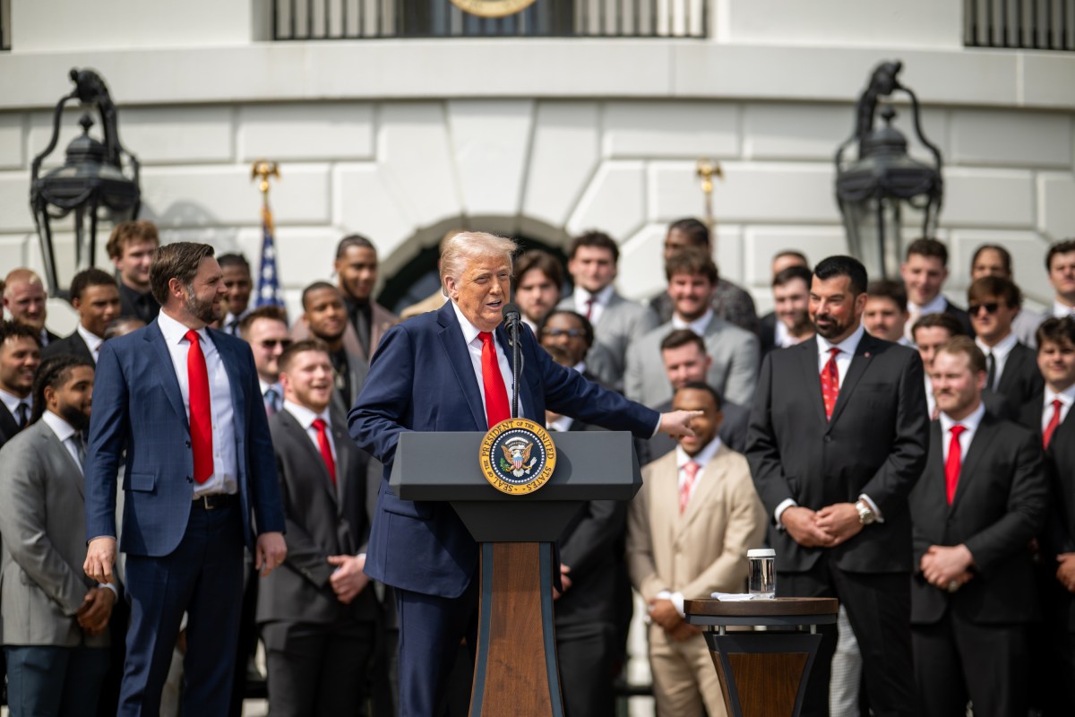 President Donald Trump delivers remarks at an event celebrating the 2025 College Football National Champion Ohio State University Buckeyes, Monday, April 14, 2025, at the South Portico of the White House. (Official White House Photo by Daniel Torok)
