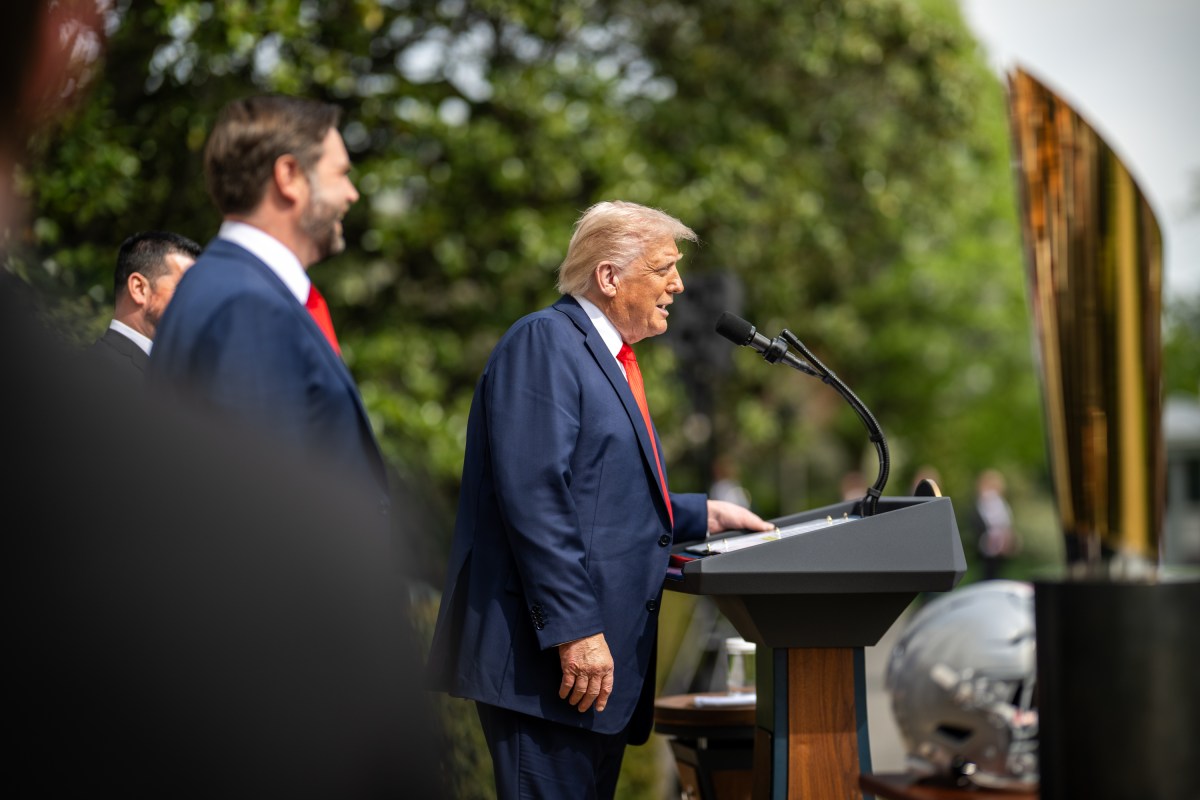 President Donald Trump delivers remarks at an event celebrating the 2025 College Football National Champion Ohio State University Buckeyes, Monday, April 14, 2025, at the South Portico of the White House. (Official White House Photo by Daniel Torok)
