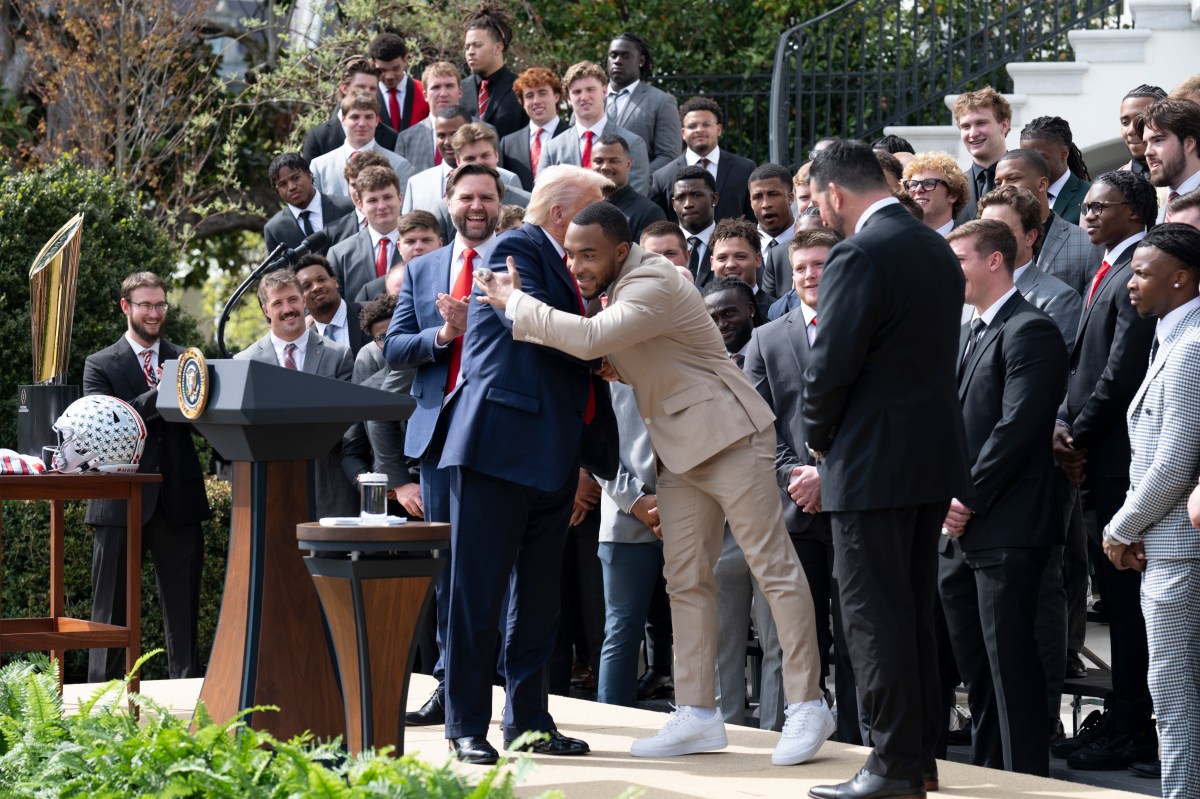 President Donald Trump delivers remarks at an event celebrating the 2025 College Football National Champion Ohio State University Buckeyes, Monday, April 14, 2025, at the South Portico of the White House.(Official White House Photo by Joyce N. Boghosian)
