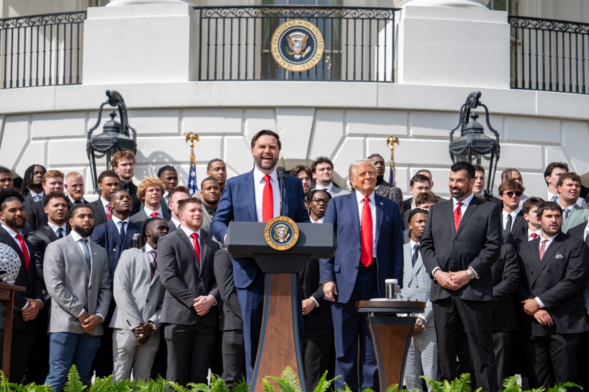 Vice President JD Vance delivers remarks at an event celebrating the 2025 College Football National Champion Ohio State University Buckeyes, Monday, April 14, 2025, at the South Portico of the White House. (Official White House Photo by Emily J. Higgins)