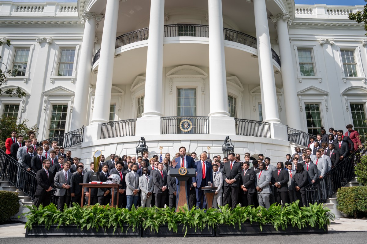 Vice President JD Vance delivers remarks at an event celebrating the 2025 College Football National Champion Ohio State University Buckeyes, Monday, April 14, 2025, at the South Portico of the White House. (Official White House Photo by Emily J. Higgins)