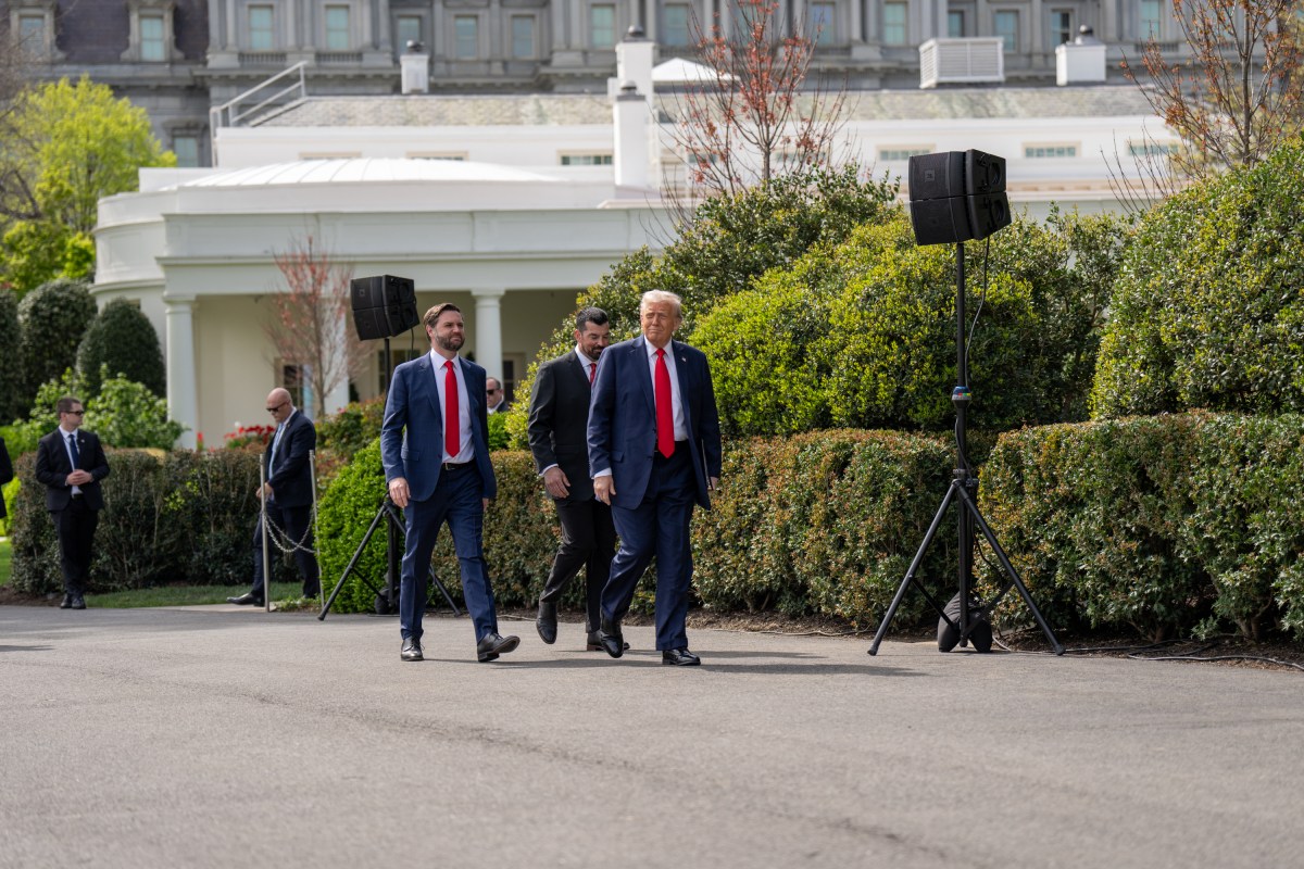 President Donald Trump, Vice President JD Vance and Ohio State University Buckeyes coach Ryan Day arrive to the South Portico, Monday, April 14, 2025, for an event celebrating the team’s 2025 College Football National Championship. (Official White House Photo by Emily J. Higgins)
