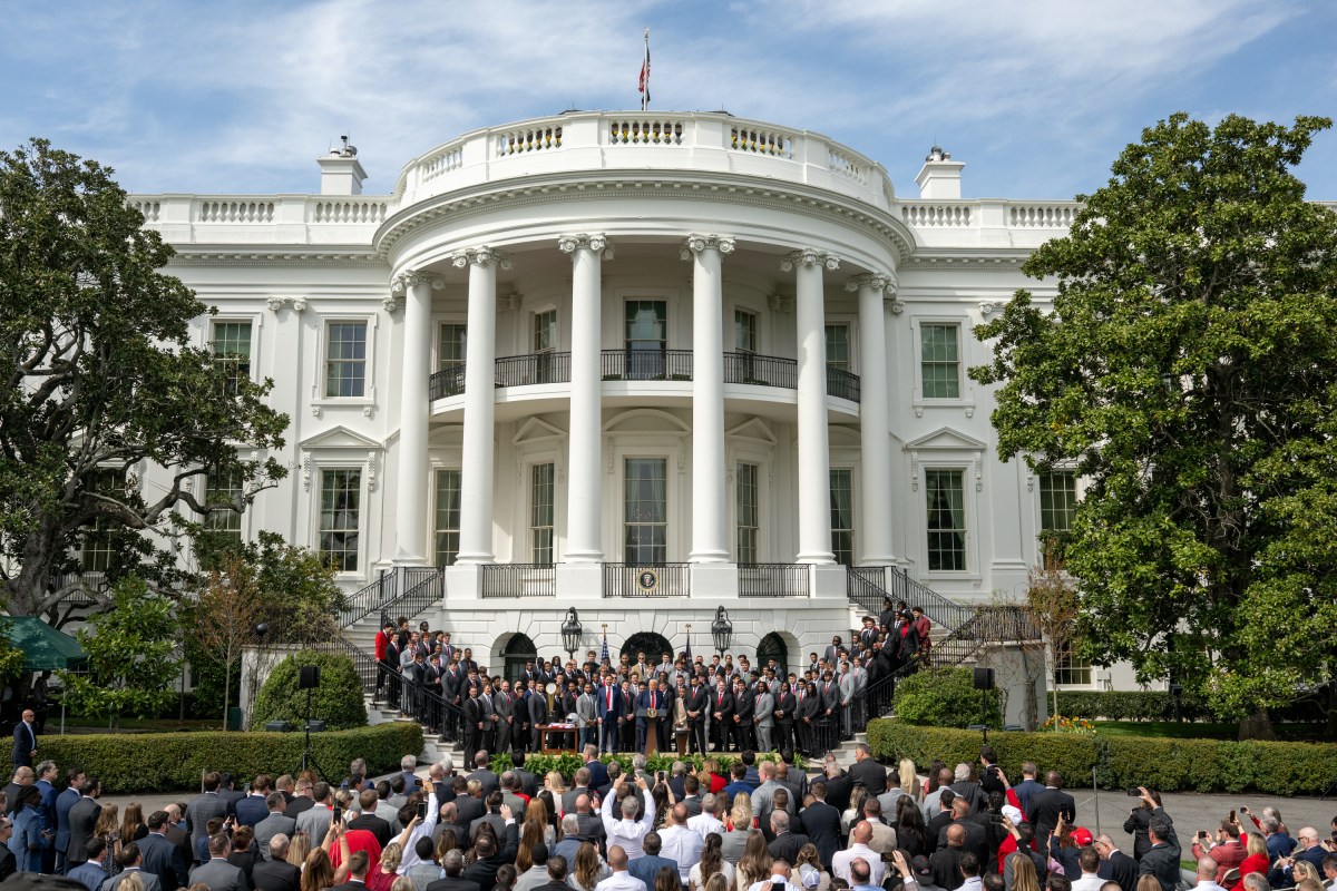 President Donald Trump delivers remarks at an event celebrating the 2025 College Football National Champion Ohio State University Buckeyes, Monday, April 14, 2025, at the South Portico of the White House. (Official White House Photo by Molly Riley)