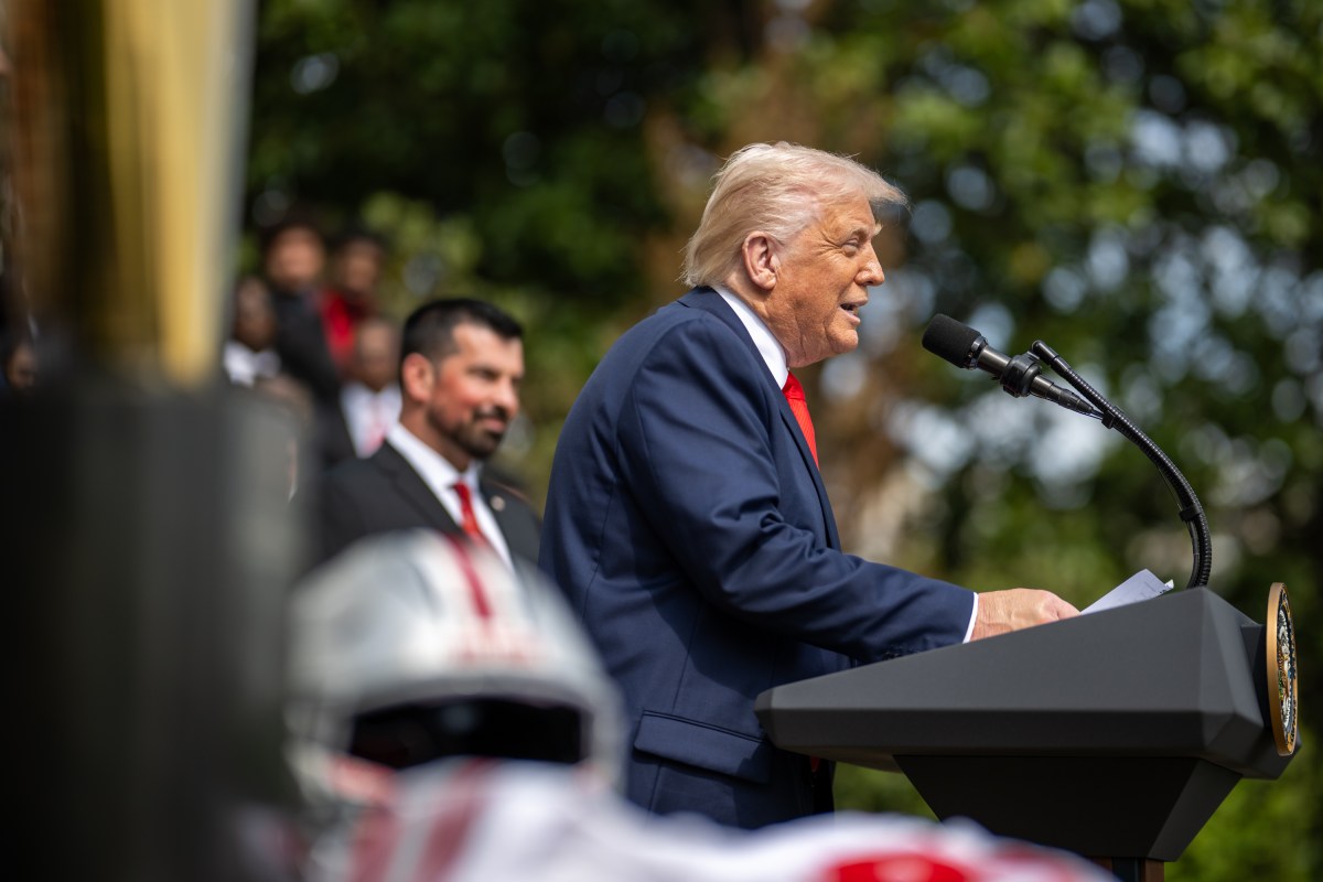 President Donald Trump delivers remarks at an event celebrating the 2025 College Football National Champion Ohio State University Buckeyes, Monday, April 14, 2025, at the South Portico of the White House. (Official White House Photo by Daniel Torok)