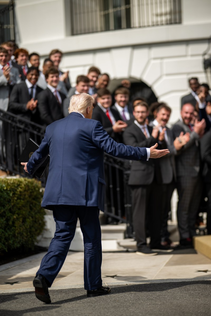 President Donald Trump delivers remarks at an event celebrating the 2025 College Football National Champion Ohio State University Buckeyes, Monday, April 14, 2025, at the South Portico of the White House. (Official White House Photo by Daniel Torok)