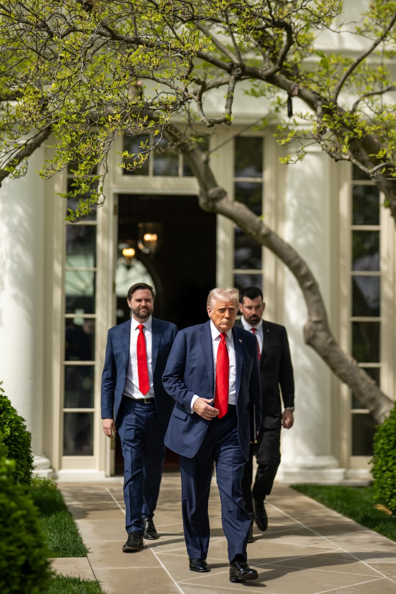 President Donald Trump, Vice President JD Vance and Ohio State University Buckeyes coach Ryan Day arrive to the South Portico, Monday, April 14, 2025, for an event celebrating the team’s 2025 College Football National Championship. (Official White House Photo by Daniel Torok)