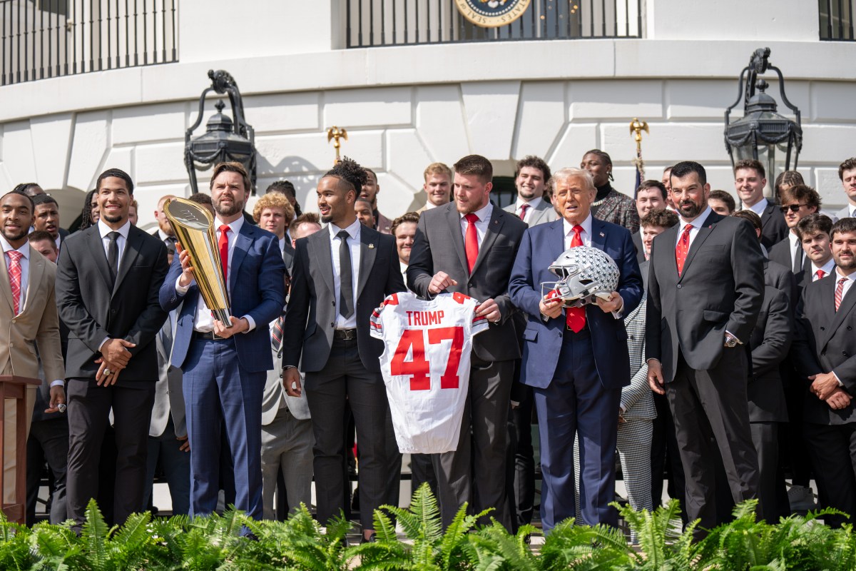 President Donald J. Trump and Vice President JD Vance pose for a photo with the 2025 College Football National Champion Ohio State University Buckeyes, Monday, April 14, 2025, at the South Portico of the White House. (Official White House Photo by Emily J. Higgins)