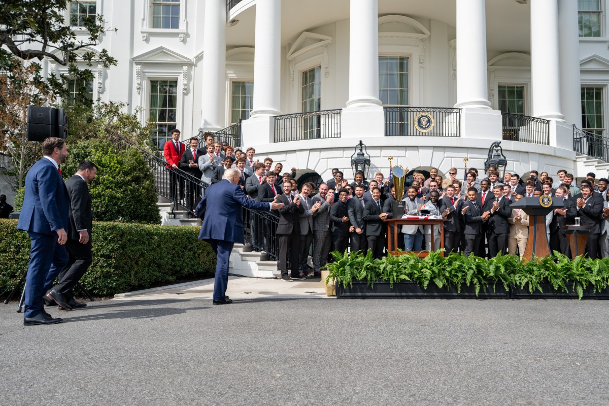 President Donald Trump, Vice President JD Vance and Ohio State University Buckeyes coach Ryan Day arrive to the South Portico, Monday, April 14, 2025, for an event celebrating the team’s 2025 College Football National Championship. (Official White House Photo by Emily J. Higgins)