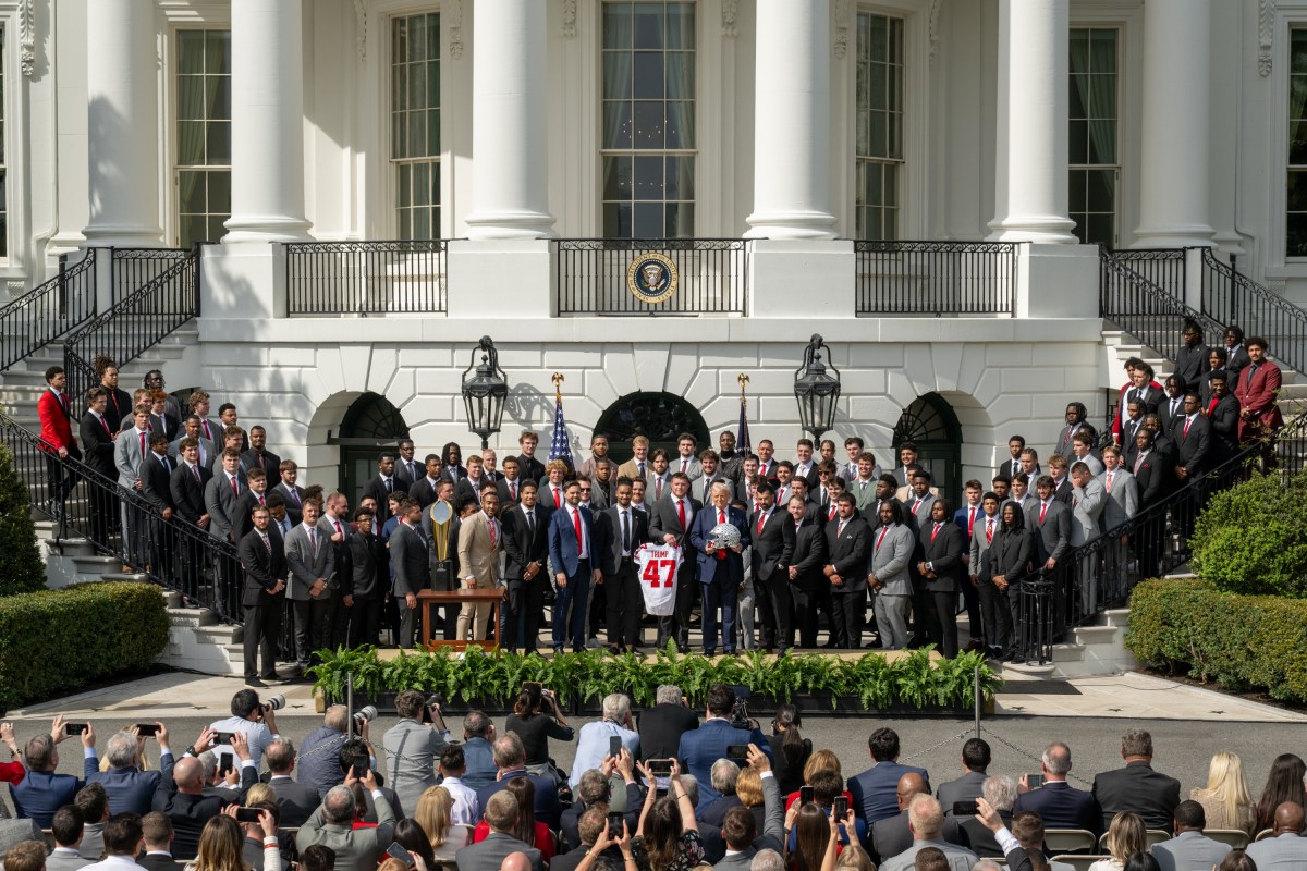 President Donald Trump delivers remarks at an event celebrating the 2025 College Football National Champion Ohio State University Buckeyes, Monday, April 14, 2025, at the South Portico of the White House. (Official White House Photo by Molly Riley)