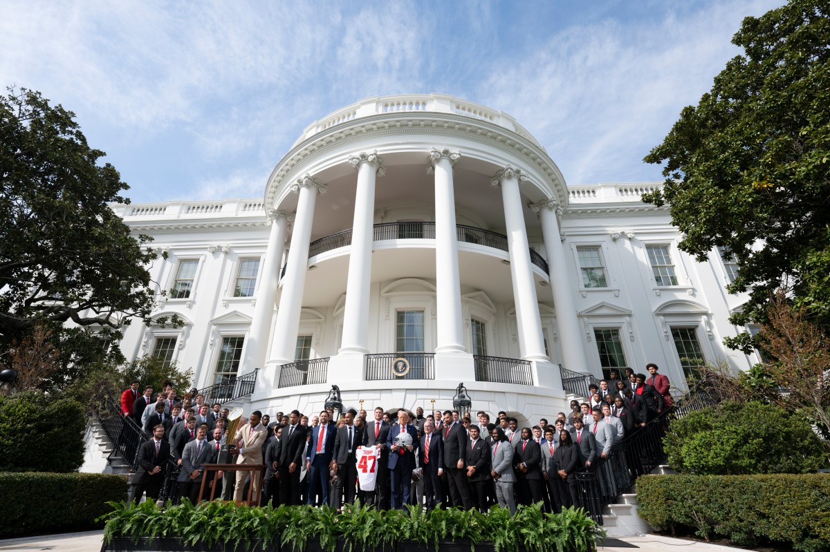 President Donald Trump delivers remarks at an event celebrating the 2025 College Football National Champion Ohio State University Buckeyes, Monday, April 14, 2025, at the South Portico of the White House.(Official White House Photo by Joyce N. Boghosian)