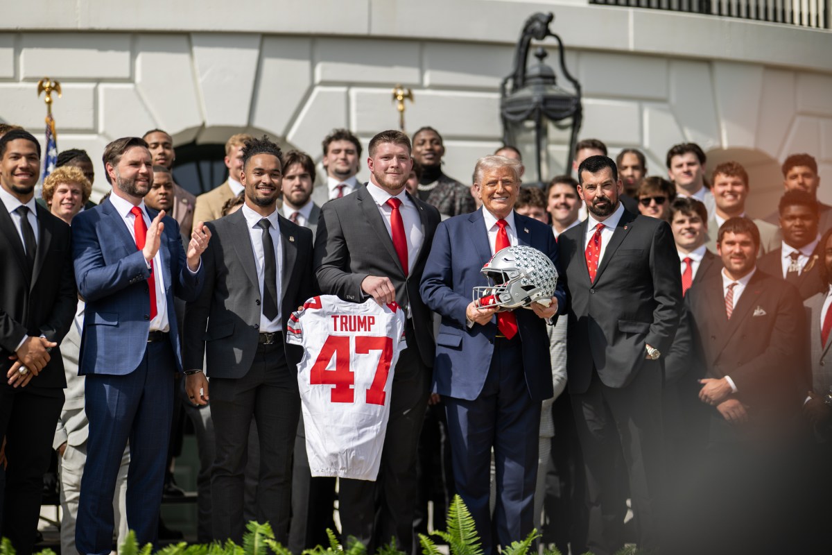 President Donald Trump delivers remarks at an event celebrating the 2025 College Football National Champion Ohio State University Buckeyes, Monday, April 14, 2025, at the South Portico of the White House. (Official White House Photo by Daniel Torok)