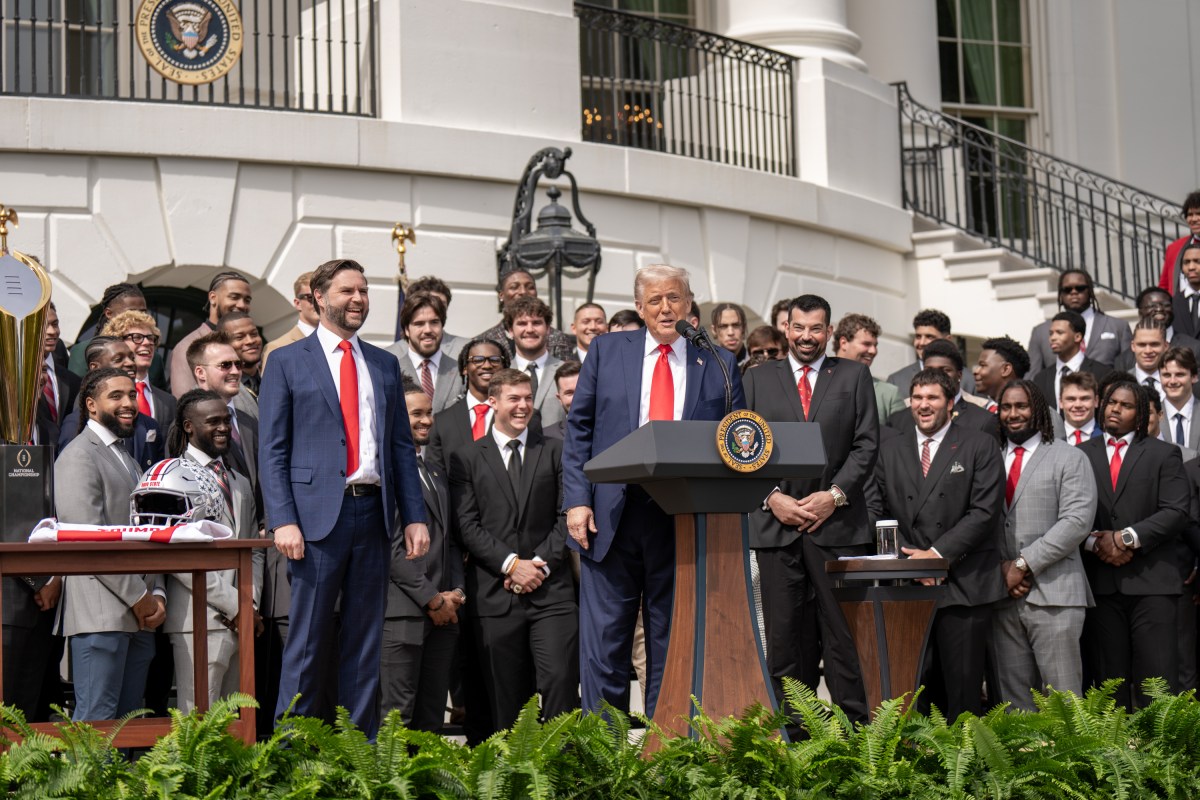 President Donald Trump delivers remarks at an event celebrating the 2025 College Football National Champion Ohio State University Buckeyes, Monday, April 14, 2025, at the South Portico of the White House. (Official White House Photo by Emily J. Higgins)