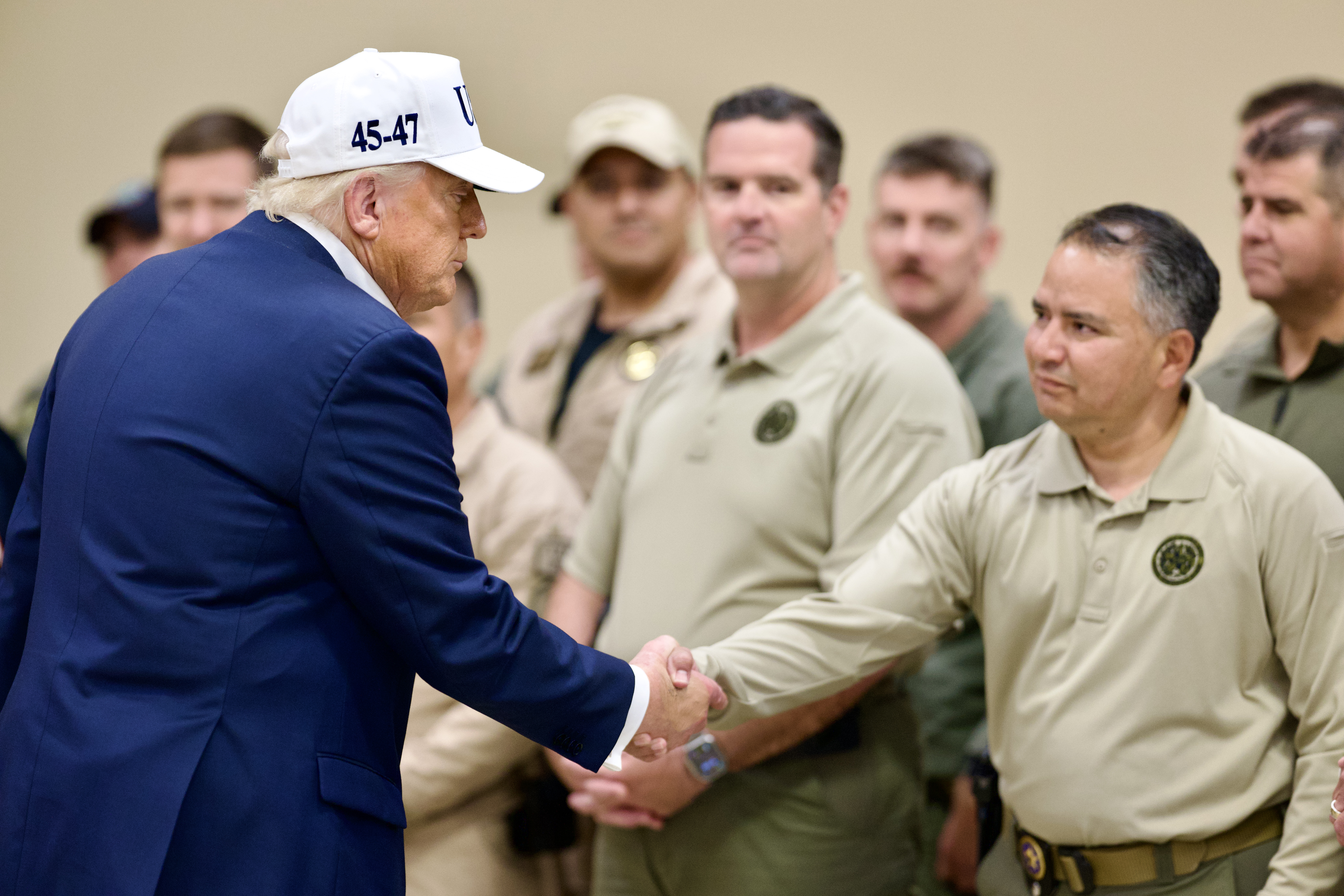 President Donald Trump and First Lady Melania Trump attend a community stakeholders roundtable at the Disaster District Emergency Operations Center in Kerrville, Texas to discuss impact and recovery efforts from recent flooding, Friday, July 11, 2025. (Official White House Photo by Daniel Torok)
