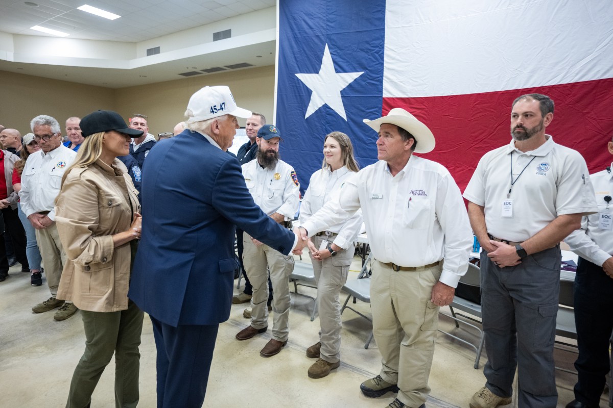 President Donald Trump and First Lady Melania Trump attend a community stakeholders roundtable at the Disaster District Emergency Operations Center in Kerrville, Texas to discuss impact and recovery efforts from recent flooding, Friday, July 11, 2025. (Official White House Photo by Daniel Torok)