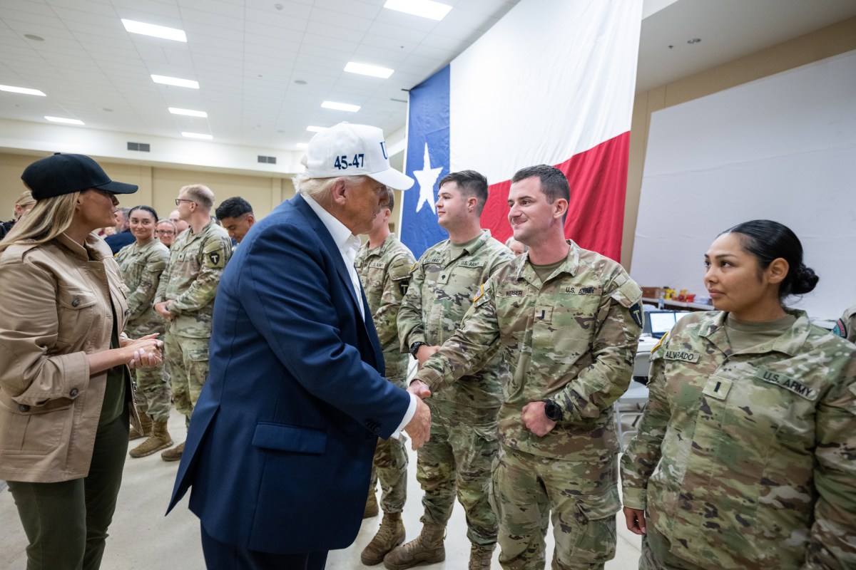 President Donald Trump and First Lady Melania Trump attend a community stakeholders roundtable at the Disaster District Emergency Operations Center in Kerrville, Texas to discuss impact and recovery efforts from recent flooding, Friday, July 11, 2025. (Official White House Photo by Daniel Torok)