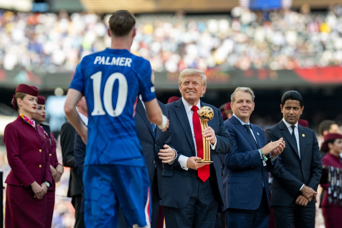 President Donald Trump participates in the post-match ceremony at the FIFA World Cup Final soccer match between Chelsea Football Club and Paris Saint-Germain, Sunday, July 13, 2025, at MetLife Stadium in East Rutherford, New Jersey. (Official White House Photo by Daniel Torok)