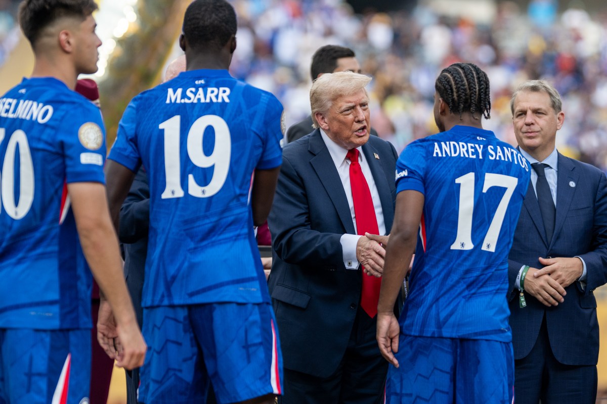President Donald Trump celebrates with Chelsea Football Club players during a post-match ceremony at the FIFA World Cup Final, Sunday, July 13, 2025, at MetLife Stadium in East Rutherford, New Jersey. (Official White House Photo by Daniel Torok)