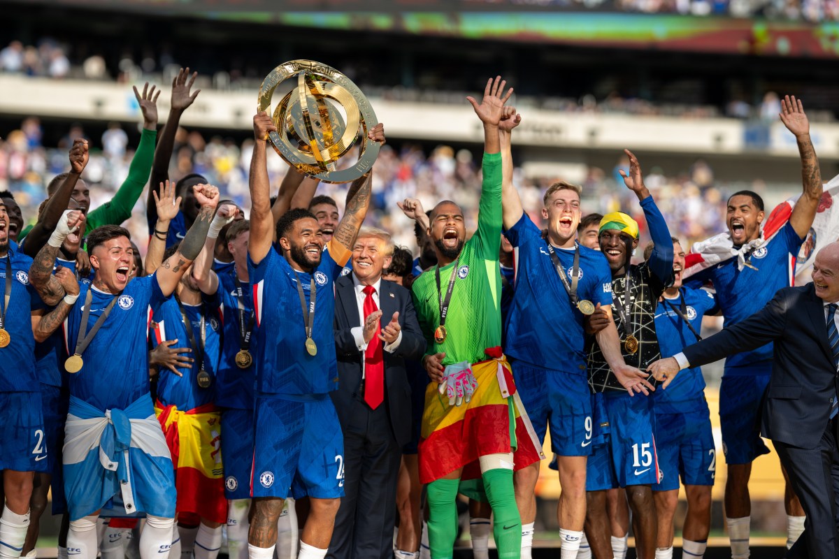 President Donald Trump celebrates with Chelsea Football Club players during a post-match ceremony at the FIFA World Cup Final, Sunday, July 13, 2025, at MetLife Stadium in East Rutherford, New Jersey. (Official White House Photo by Daniel Torok)