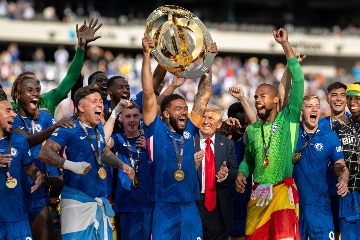 President Donald Trump celebrates with Chelsea Football Club players during a post-match ceremony at the FIFA World Cup Final, Sunday, July 13, 2025, at MetLife Stadium in East Rutherford, New Jersey. (Official White House Photo by Daniel Torok)