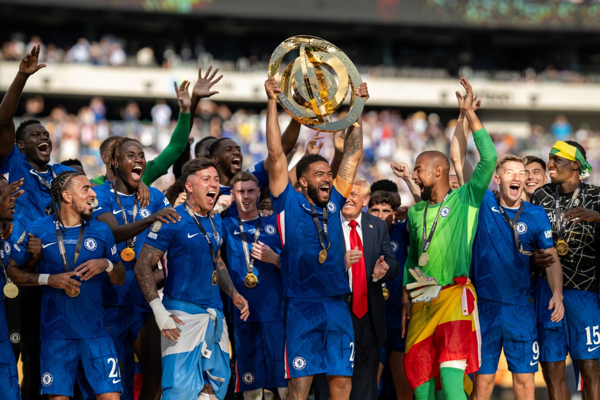 President Donald Trump celebrates with Chelsea Football Club players during a post-match ceremony at the FIFA World Cup Final, Sunday, July 13, 2025, at MetLife Stadium in East Rutherford, New Jersey. (Official White House Photo by Daniel Torok)