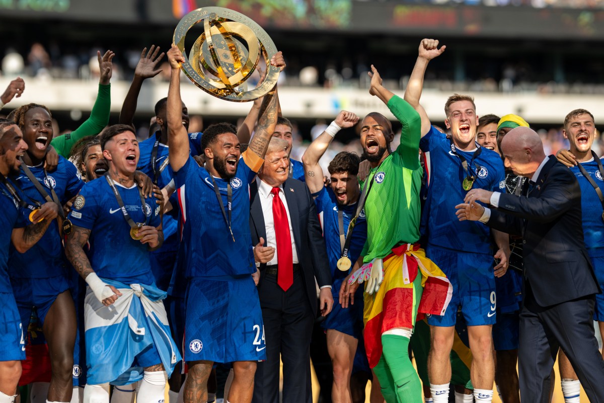 President Donald Trump celebrates with Chelsea Football Club players during a post-match ceremony at the FIFA World Cup Final, Sunday, July 13, 2025, at MetLife Stadium in East Rutherford, New Jersey. (Official White House Photo by Daniel Torok)