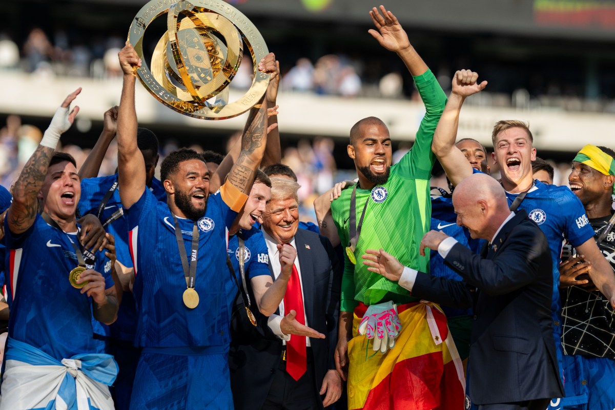 President Donald Trump celebrates with Chelsea Football Club players during a post-match ceremony at the FIFA World Cup Final, Sunday, July 13, 2025, at MetLife Stadium in East Rutherford, New Jersey. (Official White House Photo by Daniel Torok)