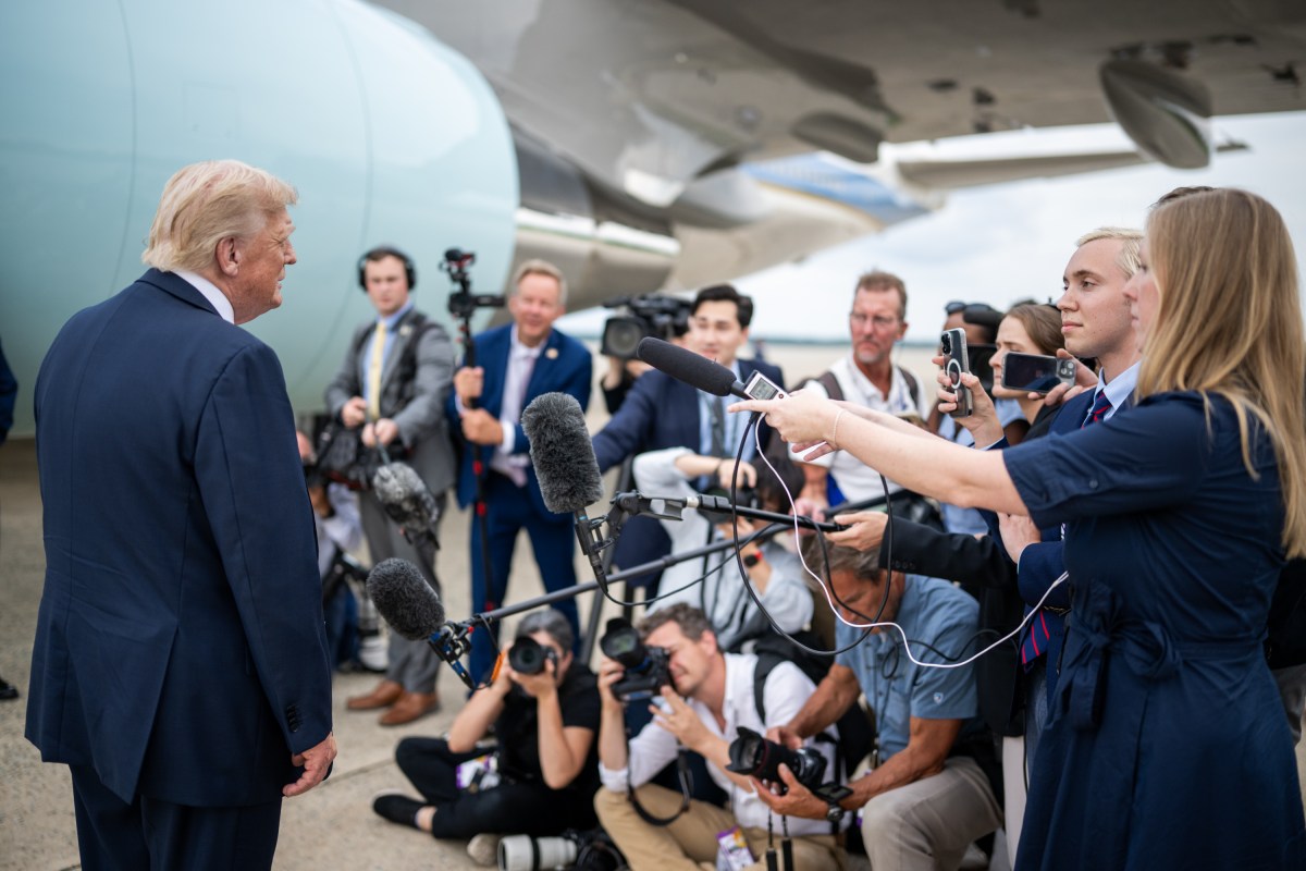 President Donald Trump speaks with members of the press at Joint Base Andrews, Maryland on Sunday, July 13, 2025, before boarding Marine One en route the White House. (Official White House Photo by Daniel Torok)