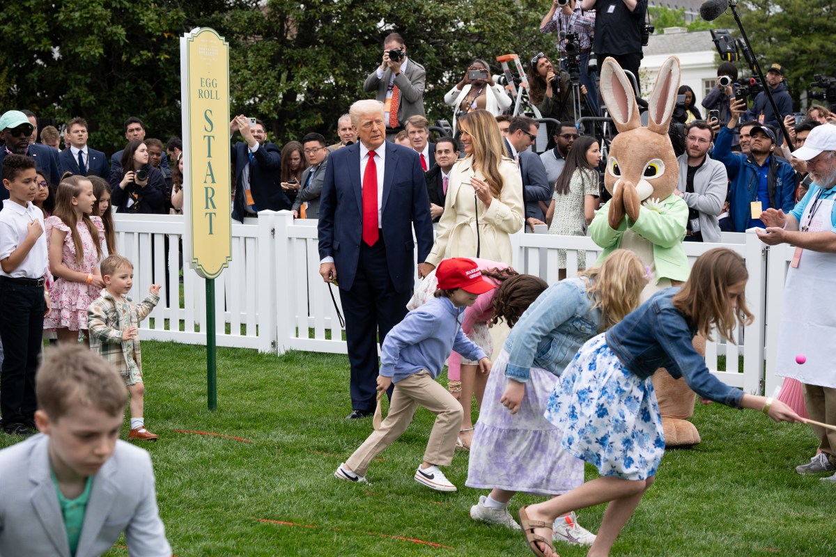 President Donald Trump and First Lady Melania Trump blow whistles to kick off a race at the White House Easter Egg Roll, Monday, April 21, 2025, on the South Lawn. (Official White House Photo by Andrea Hanks)
