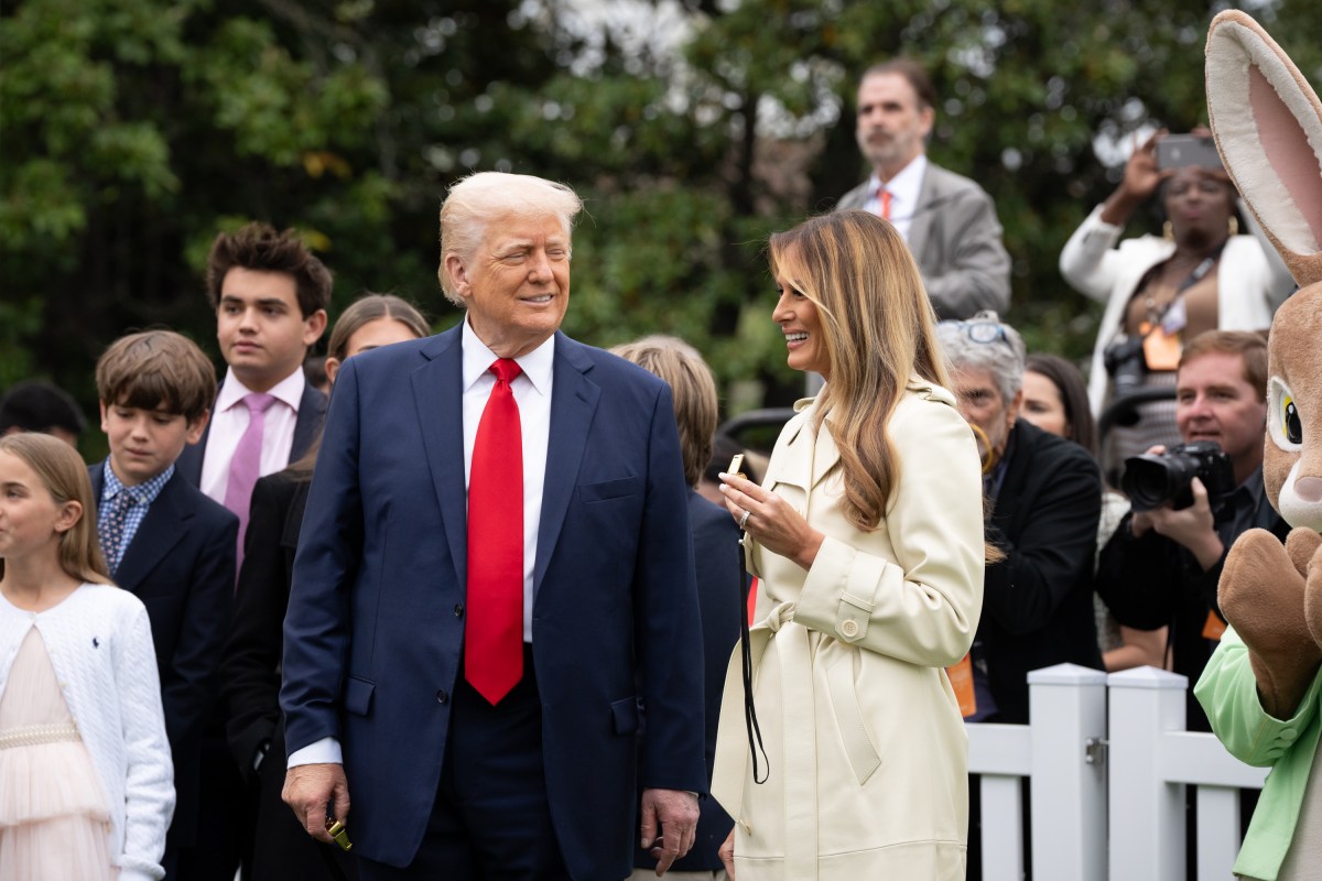 President Donald Trump and First Lady Melania Trump blow whistles to kick off a race at the White House Easter Egg Roll, Monday, April 21, 2025, on the South Lawn. (Official White House Photo by Andrea Hanks)